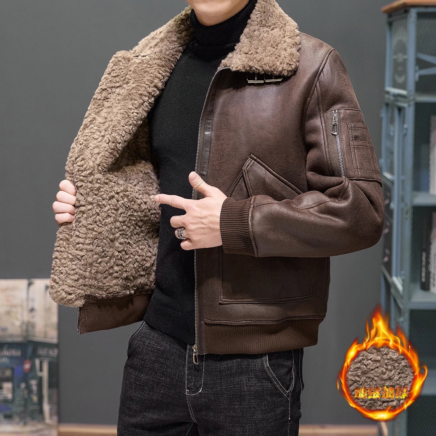 High-quality fur one-piece winter coat for men, fashionable little sheep, natural curly fur thickened and fleece fur outer cover