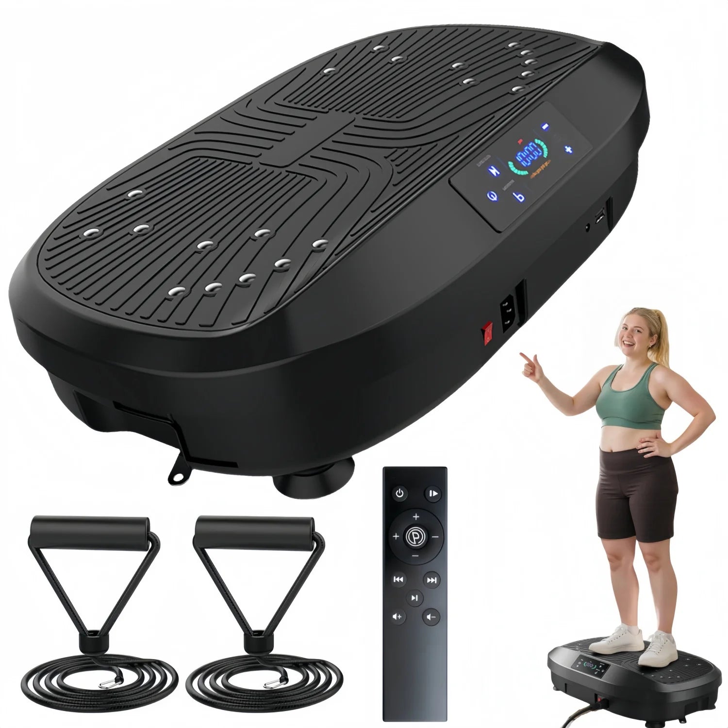 Black vibration plate with accessories and a woman using it on a white background