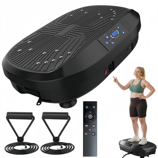 Black vibration plate with accessories and a woman using it on a white background