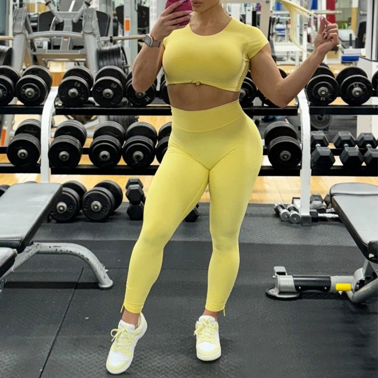 2PCS Pad Yoga Set Sports Suit Gym Leggings Women Clothes Fitness Tracksuit Workout Short Sleeve Female Athletic Sportswear XP04