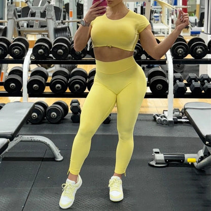 2PCS Pad Yoga Set Sports Suit Gym Leggings Women Clothes Fitness Tracksuit Workout Short Sleeve Female Athletic Sportswear XP04