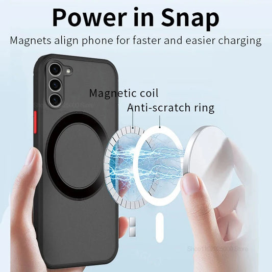Phone case with magnetic coil and anti-scratch ring, held by a hand, on a light blue background.