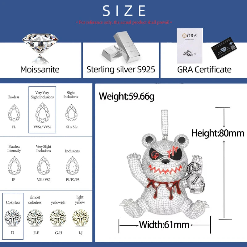 Moissanite Wizard Violence Bear Pendant Jewelry 925 Sterling Silver 3 Materials
