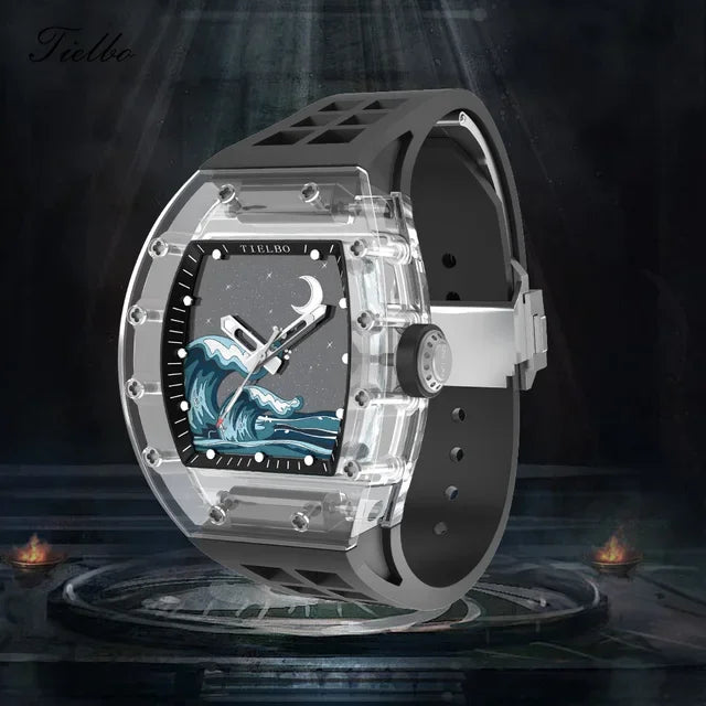 TIELBO Crystal Automatic Mechanical Case Watches Skeleton Sapphire Diamond Wristwatch Waterproof Luminous