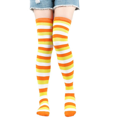 1 Paar stylische knielange JK-Socken, Damen-Streifensocken, hohe Socken, Mädchen-Oberschenkel-Socken. Mehrfarbige gestreifte niedliche Socken