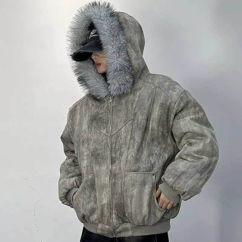 Y2K Cotton jacket with fur collar eagle embroidered and tie-dyeed winter men's design outdoor jacket thick and comfortable