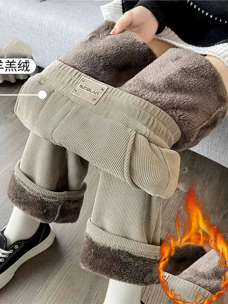Winter Warm Thicken Lambswool Straight Pants Women Casual Elastic High Waist Fleece lined Wide Leg Pantalones Chic Baggy Calca