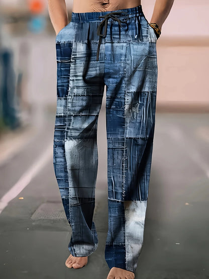 Men's Casual Linen Cotton trousers, Summer Ethnic Printed Beach pants, retro, mid-waist, zippered, Large Size Ropa Hombre