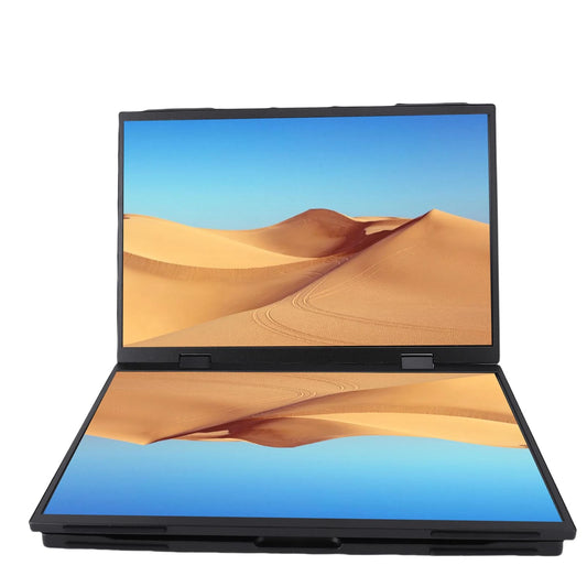 Open laptop displaying a desert landscape on both screens with a white background