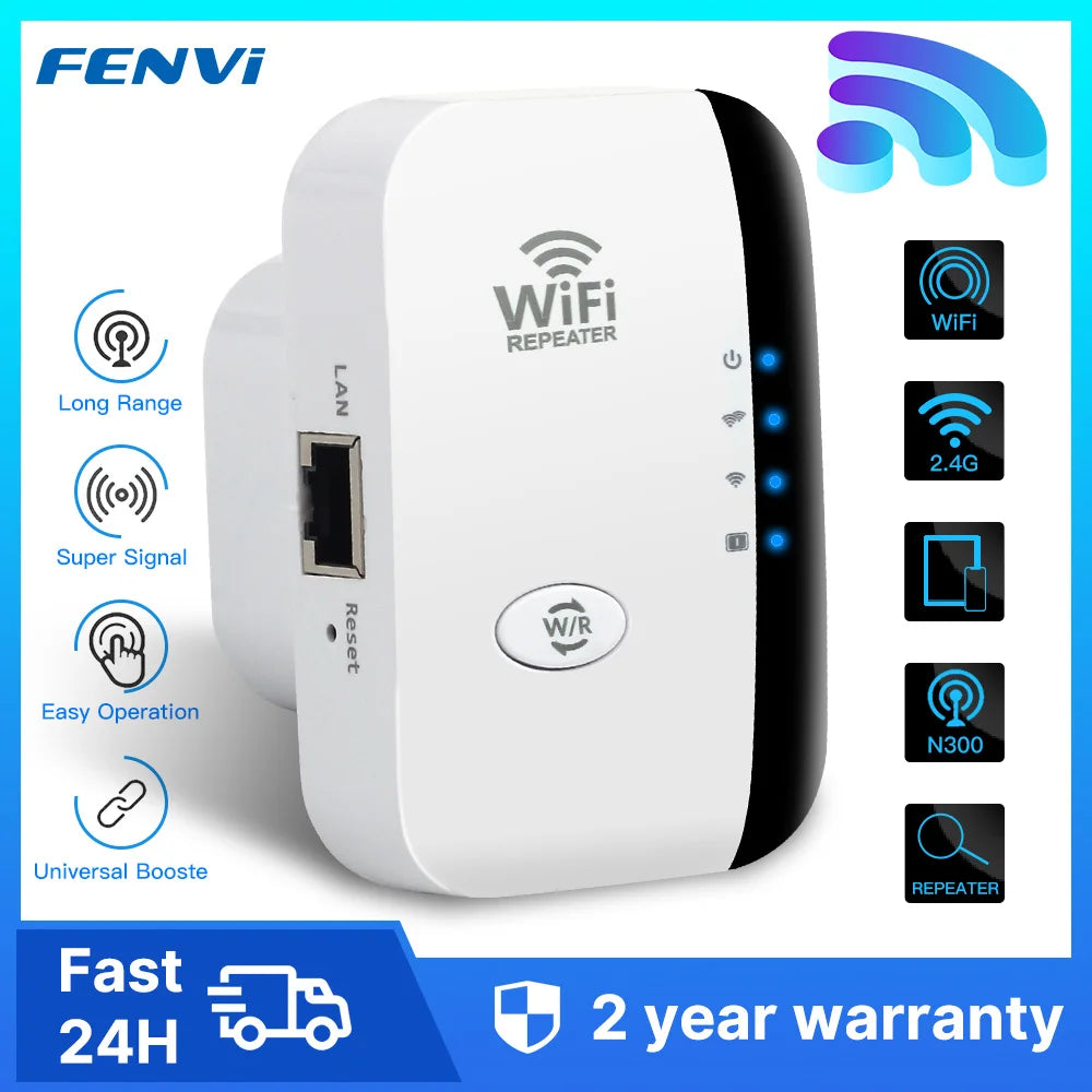 WiFi repeater with features and branding on a blue background