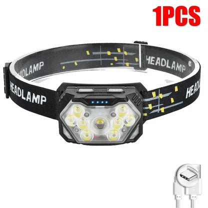 9 LED Stirnlampe mit starkem Licht, USB wiederaufladbar, Bewegungssensor, tragbare Angel-Camping-Outdoor-Kopflampe, Arbeits-Taschenlampe