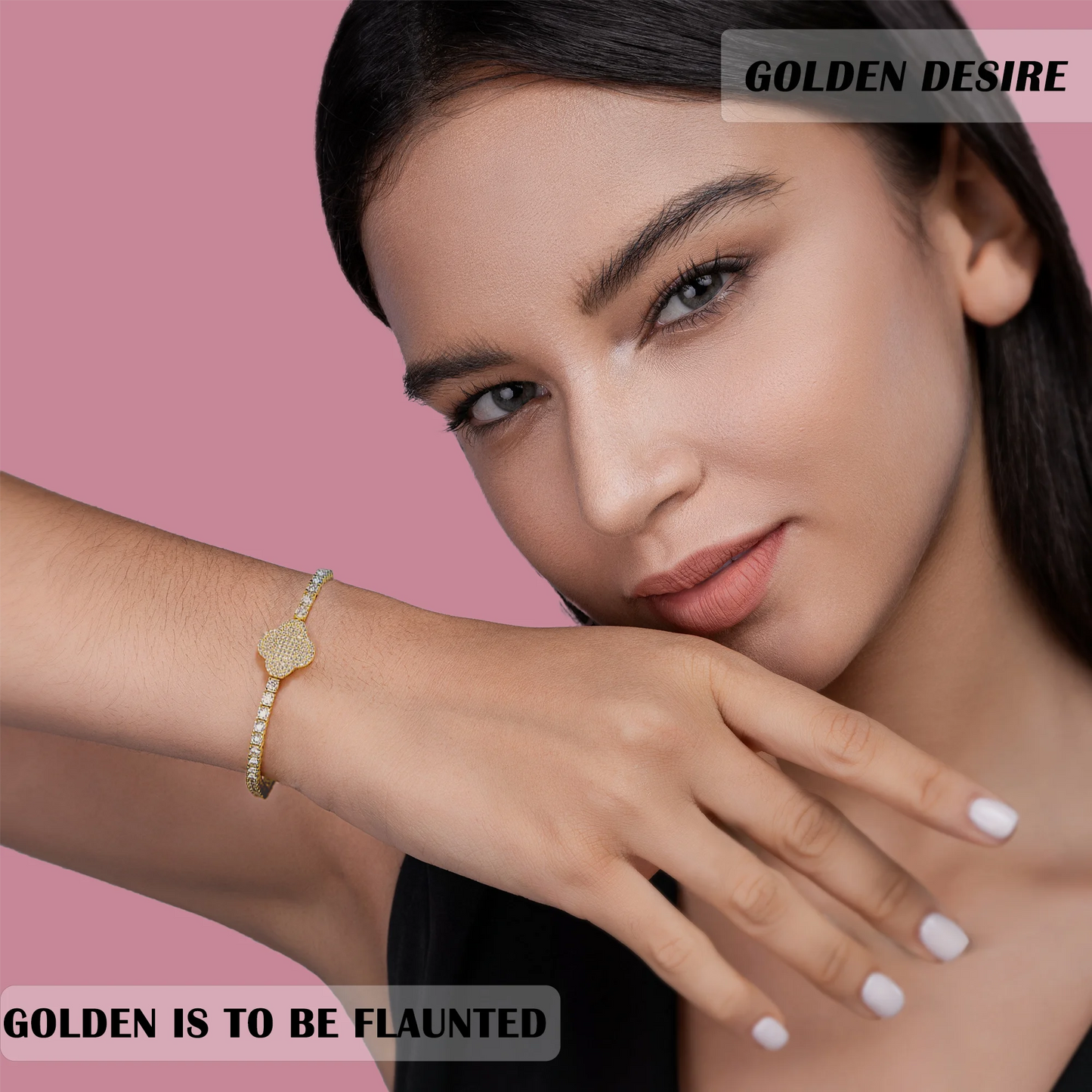 Woman wearing a gold bracelet on a pink background with 'Golden Desire' branding.