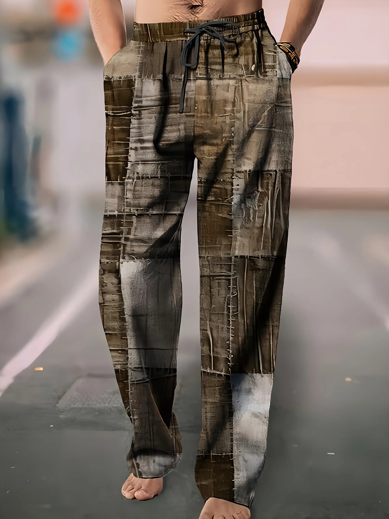 Men's Casual Linen Cotton trousers, Summer Ethnic Printed Beach pants, retro, mid-waist, zippered, Large Size Ropa Hombre