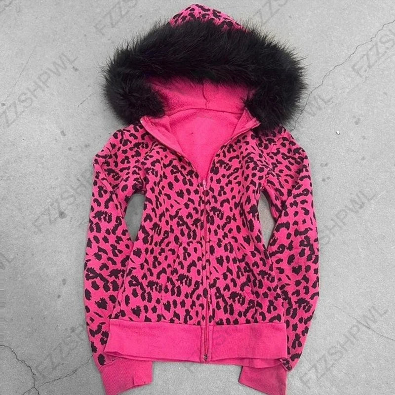Aesthetic Women's Fur Collar Hoodie Sexy Slim Chic Casual Solid Color Cardigan Sweatshirt Goth Punk Rock Streetwear