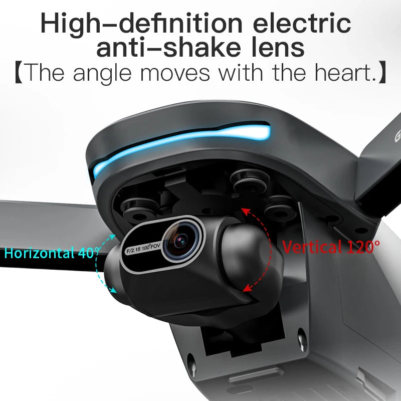 Close-up of a drone camera with text highlighting features like high-definition electric anti-shake lens and camera angles.