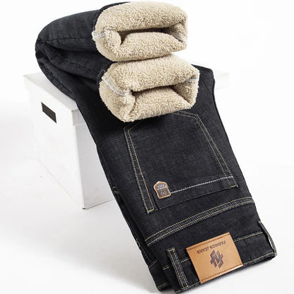 Men Jeans Winter Lamb Fluff Denim Straight Pants Thicken Big Size Jean High Waist Stretch Jeansy Fleece Lined Warm Slim Vaqueros