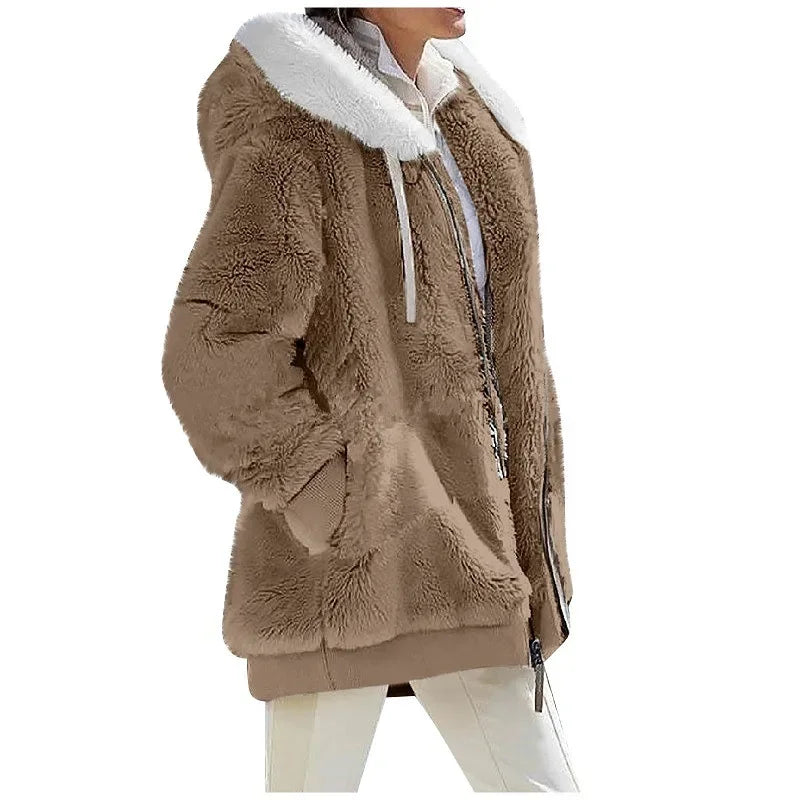 Herbst-Winter-Mode Damenmantel Neu Lässig Kapuzenreißverschluss Damenbekleidung Kaschmir Damen-Fleecejacke Einfarbige Damenmäntel