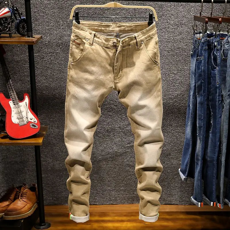 American Elastic Straight Jeans Men Ripped Worn-out Slim-fit Cotton Men's Clothing