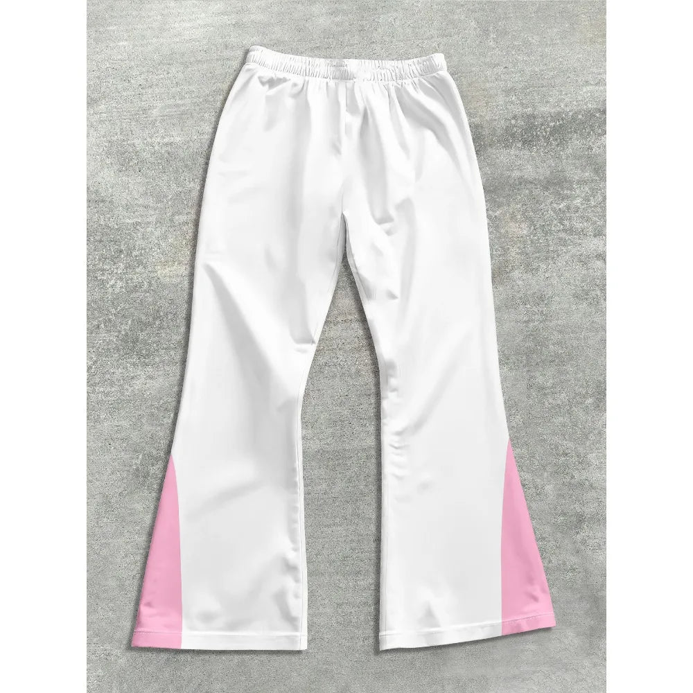 White pants with pink accents on a gray background