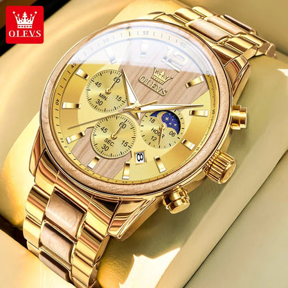 OLEVS Herrenuhr Top Business Quarzuhr Massivholz Multifunktions-Chronographenuhr Mondphase Reloj Neu