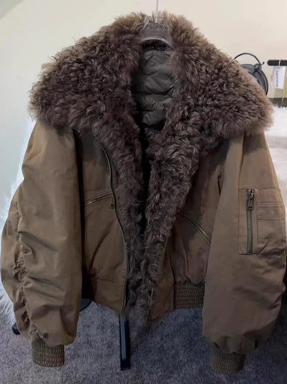 American Thiened Cotton Jacket Women's Loose Workwear Coat with Large Fur Collar Winter