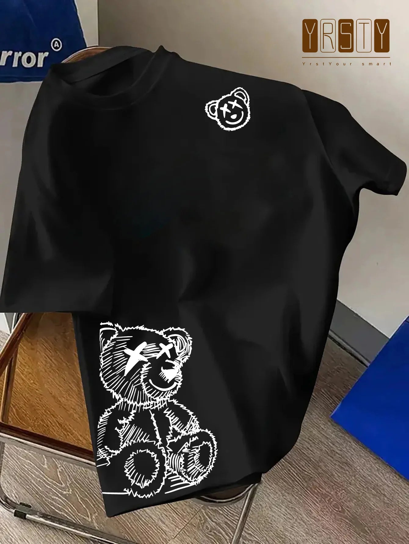 00% reine Baumwolle Herren Cartoon Bär Muster bedrucktes modisches lässiges lockeres Sport Rundhals Kurzarm T-Shirt Oberteil