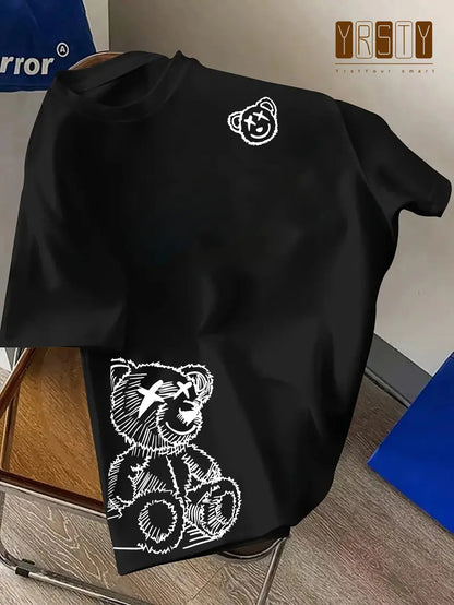 00% reine Baumwolle Herren Cartoon Bär Muster bedrucktes modisches lässiges lockeres Sport Rundhals Kurzarm T-Shirt Oberteil