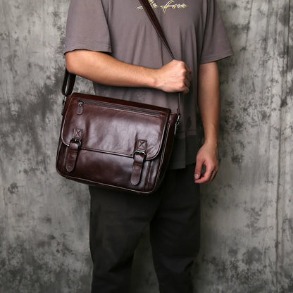 NZPJ Men's Retro Genuine Leather Shoulder Bag Top Layer Cowhide Large Capacity Slant Cross Business Casual Versatile Tablet Bag