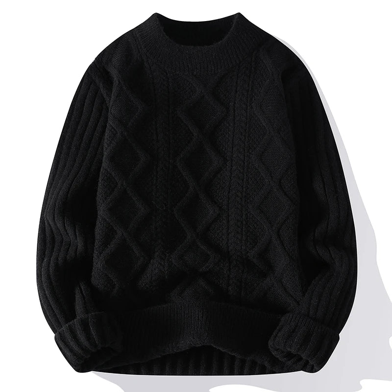 Thiened Knitted Warm Pure Color Low Collar Men's Twist Flower Sweater Autumn Winter New Sle Youth round Ne Base irt