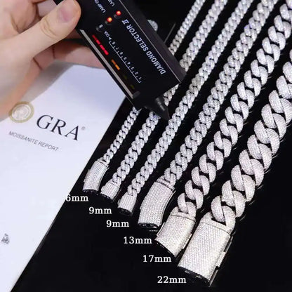 Full Ice Out Mossanite Cuban Chain 6mm 9mm 13mm 2rows 925 Sterling Silver Chain Hip Hop Necklace VVS Moissanite Cuban Link Chain
