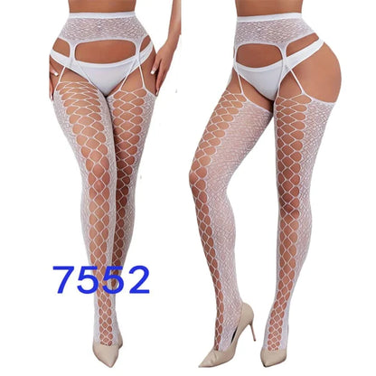 Women Fishnet Open Crotch Suspender Tights XXXL