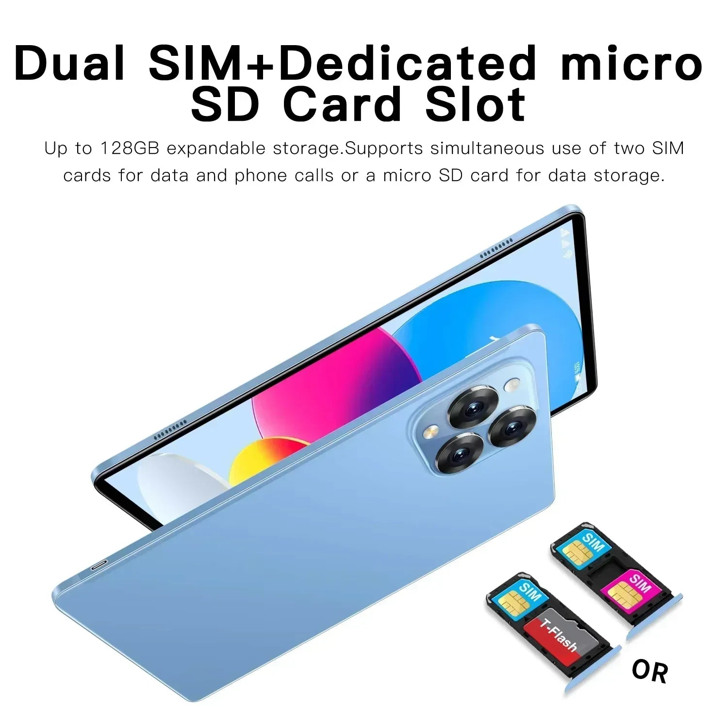 Smartphone with dual SIM and micro SD card slot features on a white background