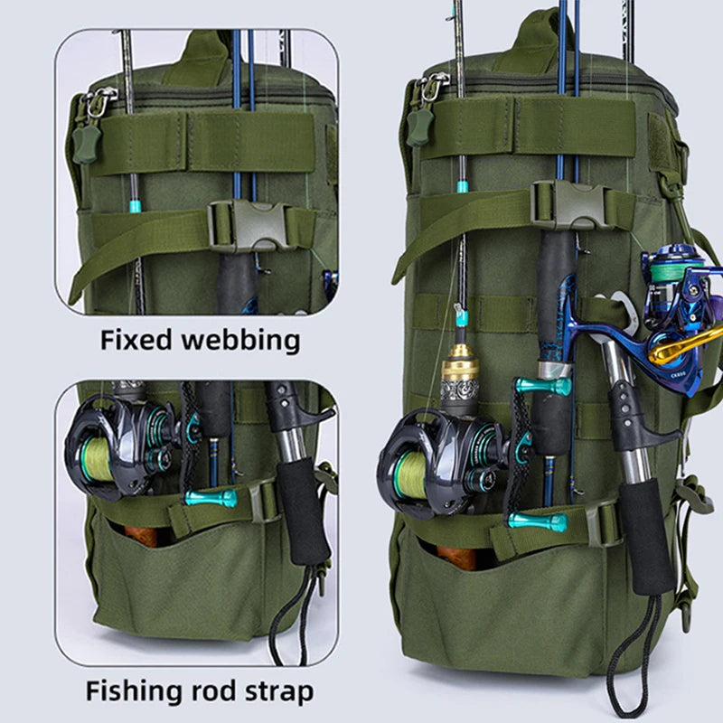 Taktischer Angelrucksack, Gerätetasche mit Rutenhaltern, Angelausrüstung, Molle, Camping, Wandern, Multifunktionale Outdoor-Tasche