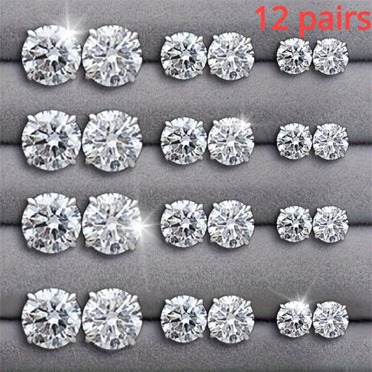 12 Pairs Set Stainless Steel Stud Earrings with Gemstone Buds Round Earrings Unisex