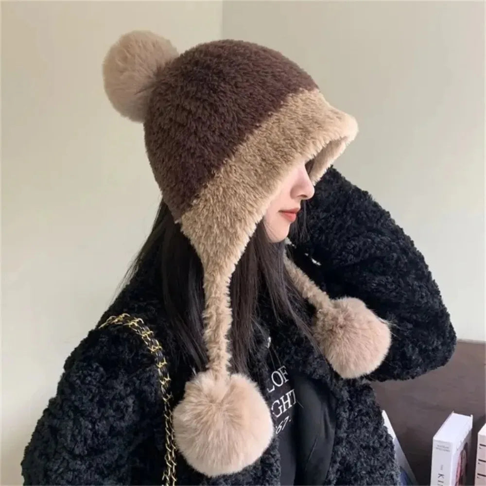 Womens Knitted Hat Winter Warm Beanie with Ear Flaps Pom Pom Extra Soft Thickened Lining Cold Weather Cap for Outdoor Sports