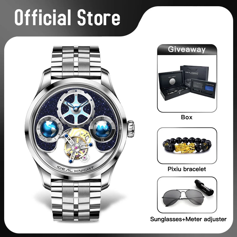 IDEAL KNIGH Watch Advanced Tourbillon Automatic Mechanical Watch Waterproof Luminous Dual Region Time