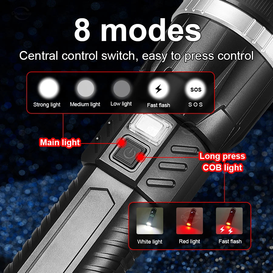 19000000LM Super Powerful Flashlight Built-in 3*18650 High Power Torch Rechargeable LED Light Big Aperture Camping COB Lantern