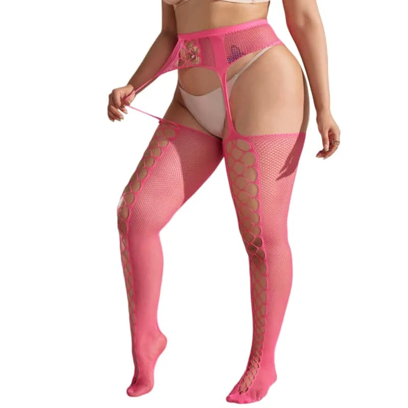 Women Fishnet Open Crotch Suspender Tights XXXL