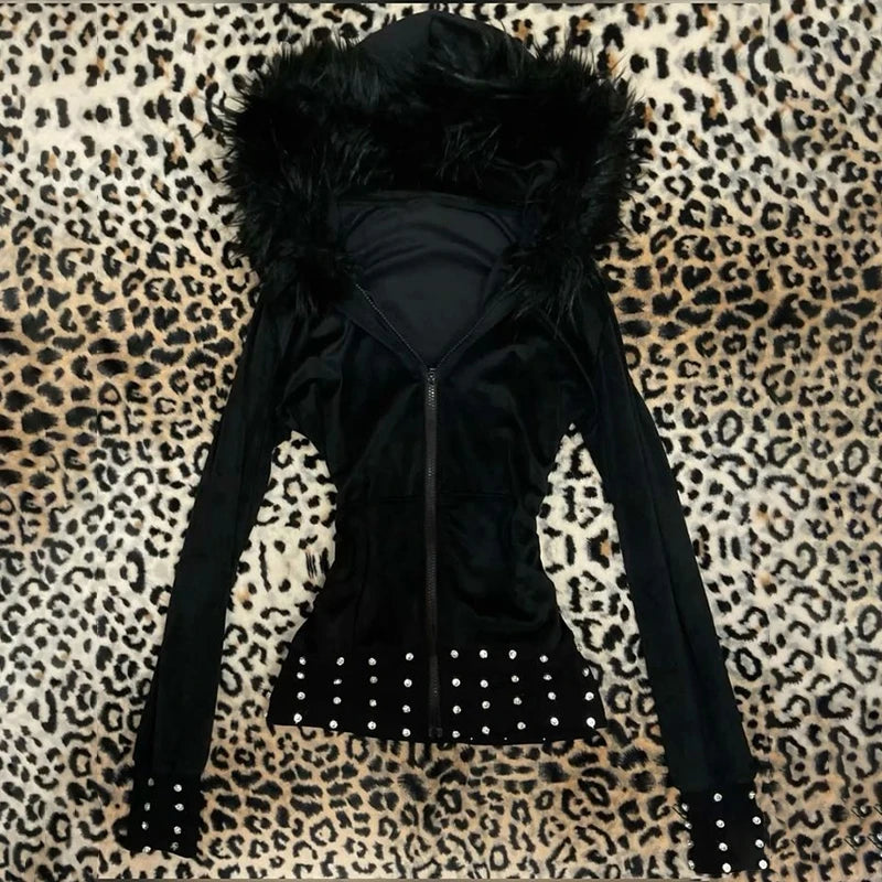 Damen Gothic Ästhetik Herbst Winter Pelzkragen Hoodie Lässiger schmaler schicker Cardigan Sweatshirt 2000er Kleidung