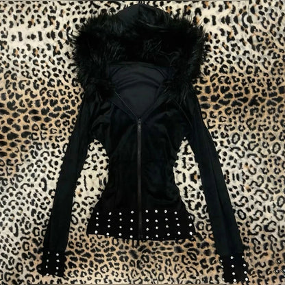 Damen Gothic Ästhetik Herbst Winter Pelzkragen Hoodie Lässiger schmaler schicker Cardigan Sweatshirt 2000er Kleidung