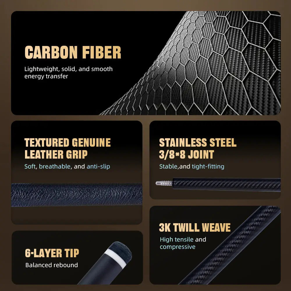 CRICAL VP Series Carbon Fiber Pool Cue Stick – 58" 2-Piece Billiard, 3/8x8 Stainless Steel Joint, Leather Grip for Professional
