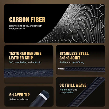 CRICAL VP Series Carbon Fiber Pool Cue Stick – 58" 2-Piece Billiard, 3/8x8 Stainless Steel Joint, Leather Grip for Professional