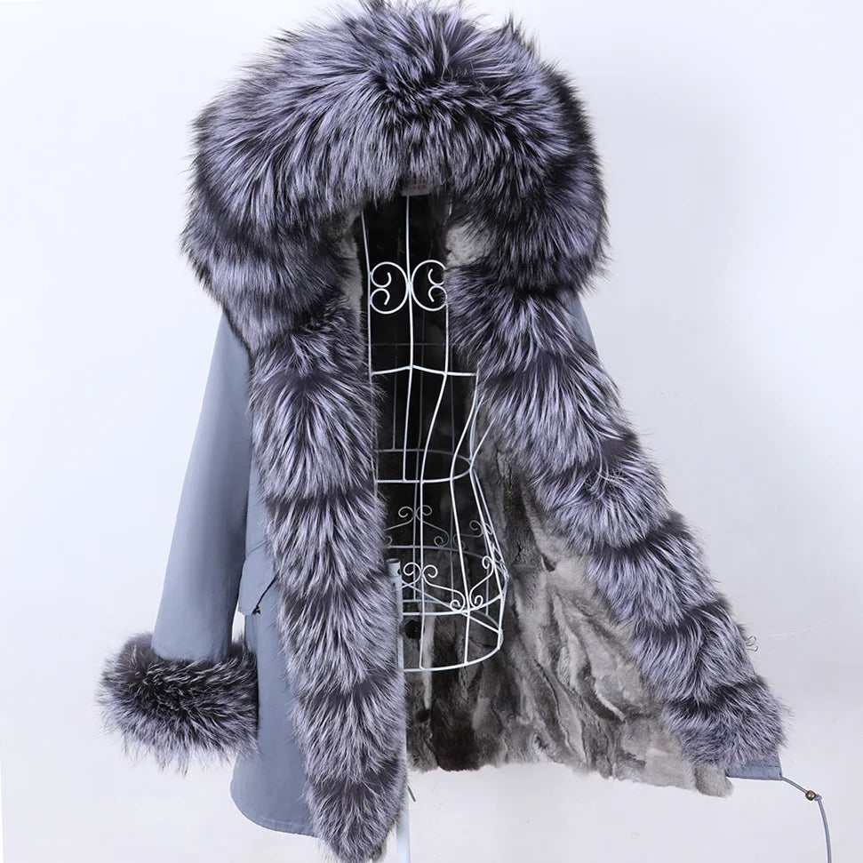 MAOMAOKONG 2023 Abnehmbarer Echtfuchs Pelzkragen Mäntel Damen Winterjacke Kapuze Kaninchenfellfutter Lange Parkas Damenbekleidung