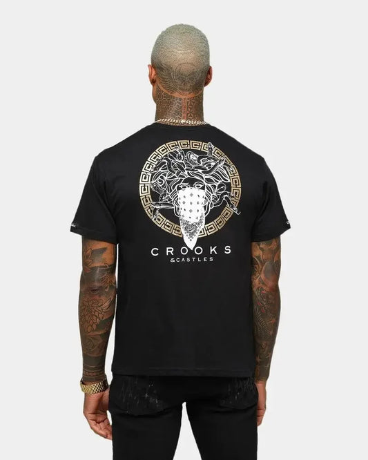 Crooks & Castles Men's Greco Bandusa Tee T-Shirt - Black/Gold Foil Metallic - Teglex -