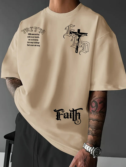 Heiß begehrtes Herren-T-Shirt: Neu, Sommer, Gothic-Buchstabe, Kreuz-Print, weich und atmungsaktiv, Rundhals, Outdoor, Street Style Top