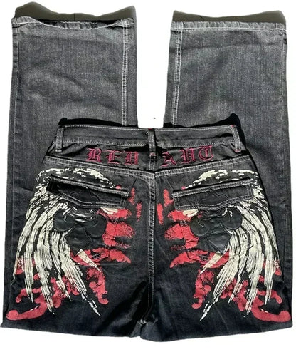 Street Fashion Trend Totenkopf bestickte Jeans Damen Harajuku Y2K Neue Hip Hop Joker Straight Wide-Leg Hosen Paar Freizeitjeans