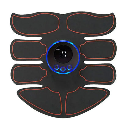 Black and red muscle stimulator device with digital display on a white background