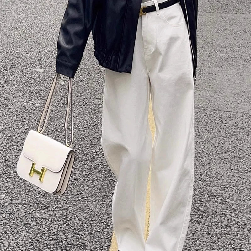 Lockere weiße Wide-Leg-Jeans für Damen, mit Falten, hoher Taille, gerades weites Bein, Mopping-Hose