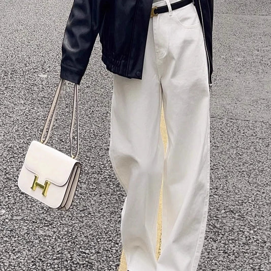 Loose White Wide Leg Jeans Women Drape High Waist Straight Wide Leg Pants Mopping Pants