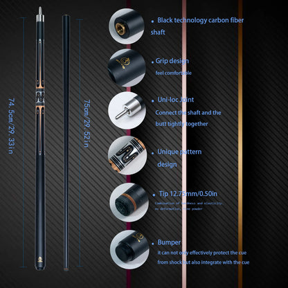 12.75mm High-Quality Multi-Layer Tip Black Tech Composite Carbon Fiber Glass Cue Stick with Dazzling Metal Patterns, Stainless S